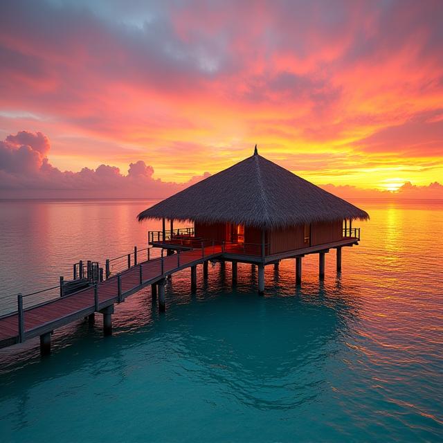 An overwater bungalow in the Maldives at sunset.